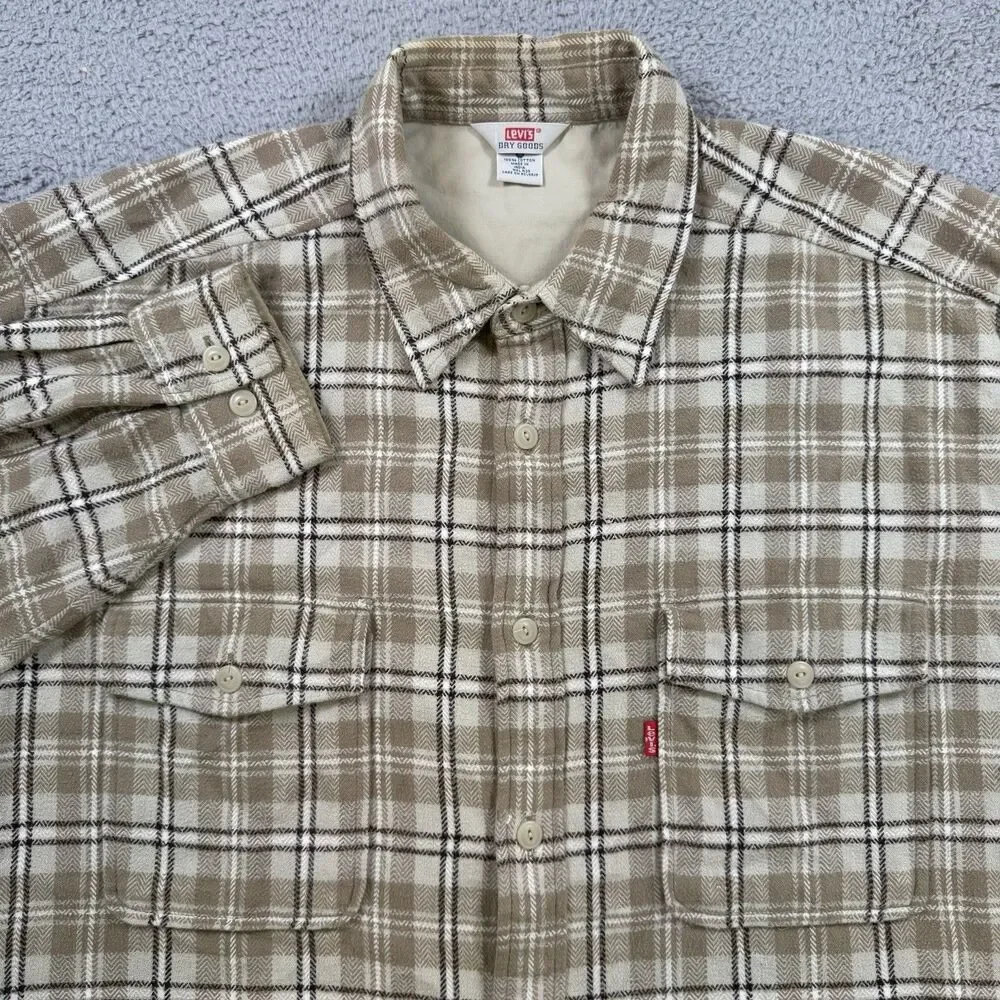 Levi's Dry Goods‎ Shirt Men's L Beige Plaid Long Sleeve Button Up Flannel